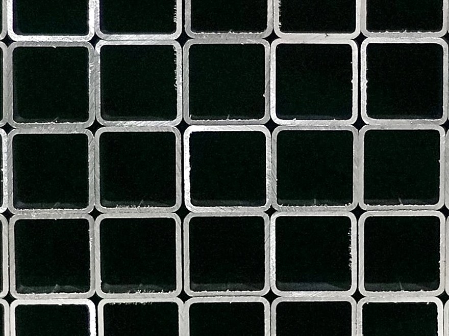 End view of square ornamental steel tubing